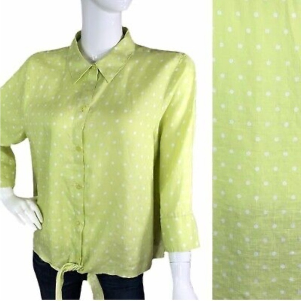 Chico's Green Bohemian Boho Linen Polka Dot Blouse Top Shirt Tie Lime Green